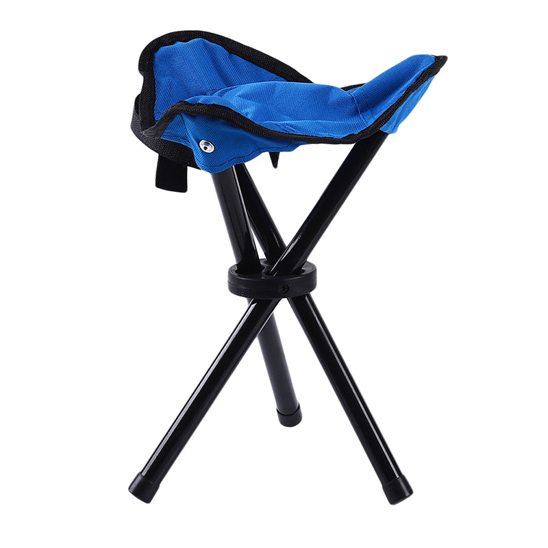 Blue folding stool with black legs on a white background